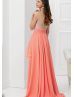Sheer Tulle V Back Beaded Lace Long Chiffon Prom Dress